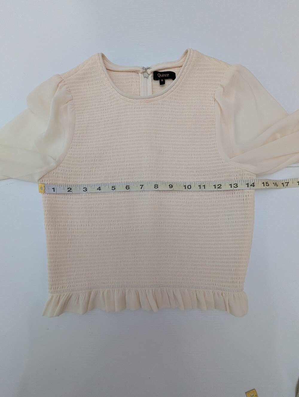 Quince Ivory Smocked Chiffon Blouse Size S Long Balloon Sleeve Cottage Old Money - Picture 6 of 12